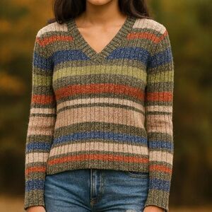 Vintage 90s 1990s Striped knit sweater with a V-neck, long sleeves